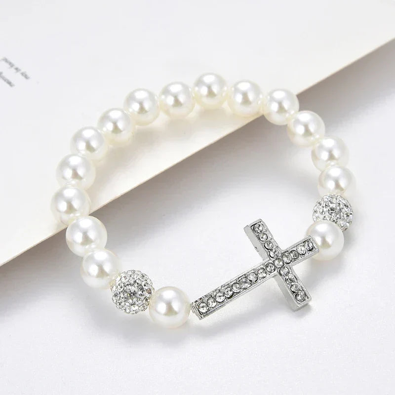 1 Pc Fashionable Imitation Pearl Beaded Bracelet Cross