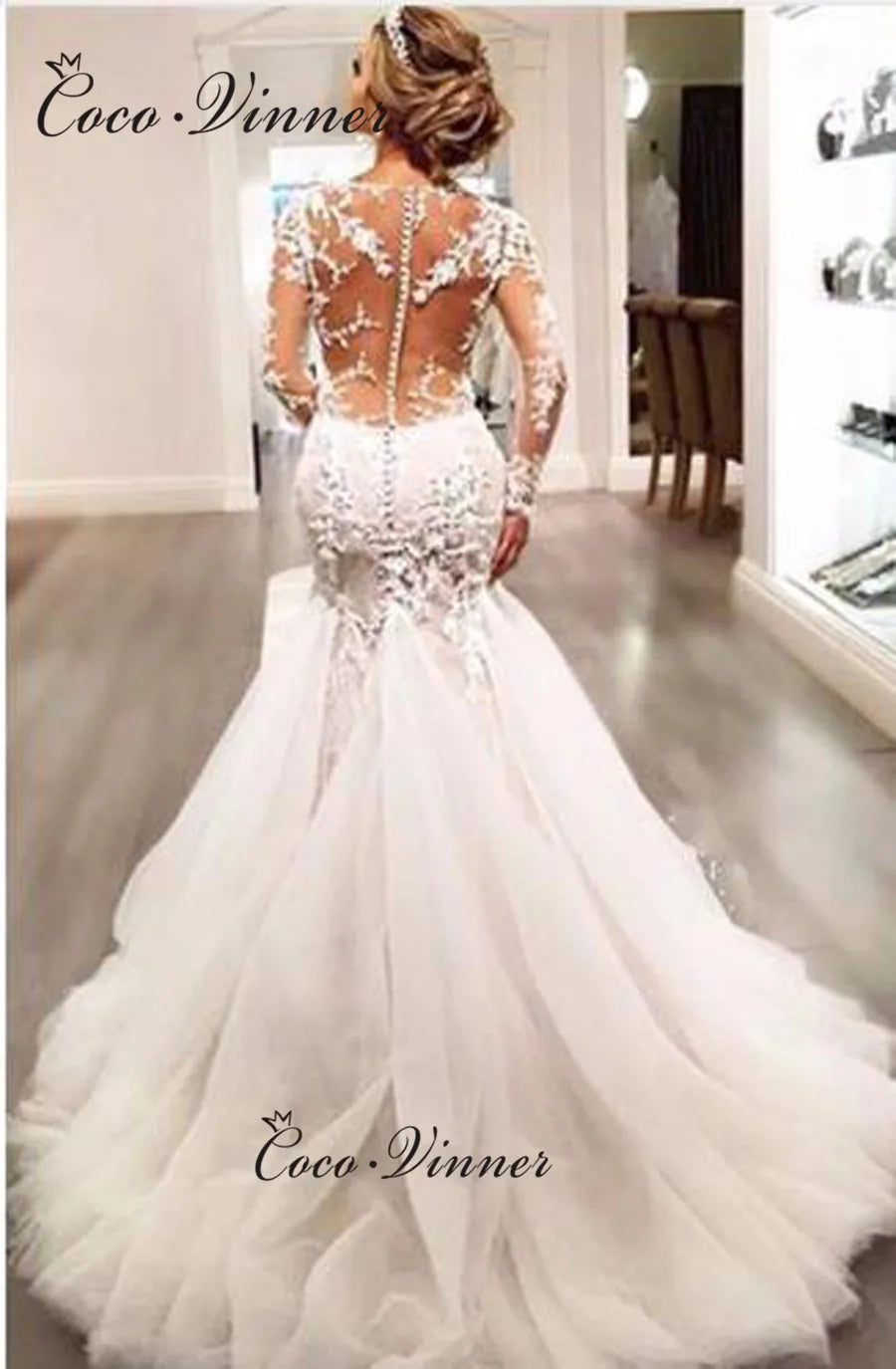 Full Sleeves Illusion Back Lace Mermaid Wedding Dresses