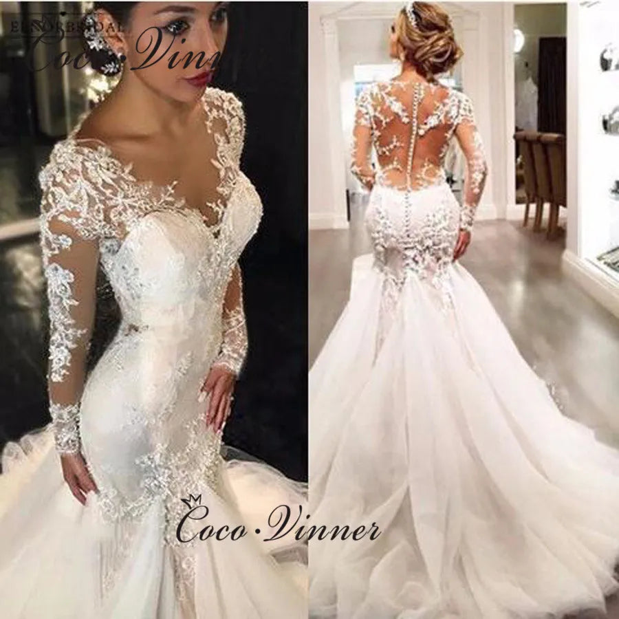 Full Sleeves Illusion Back Lace Mermaid Wedding Dresses