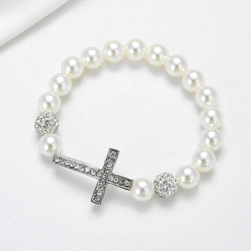 1 Pc Fashionable Imitation Pearl Beaded Bracelet Cross