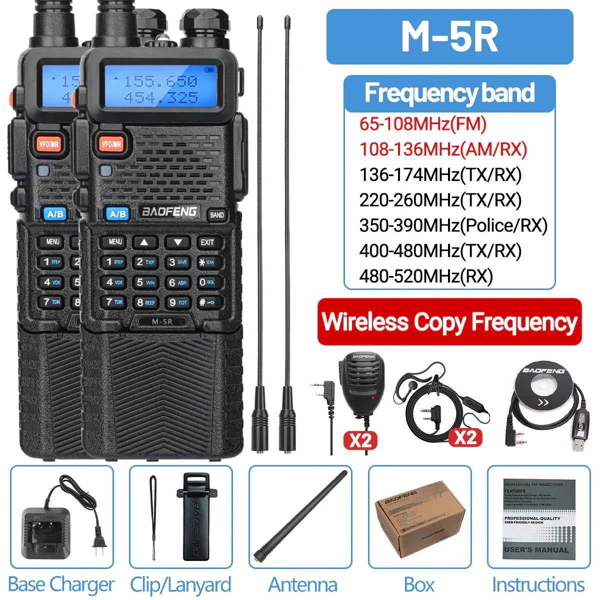 1/2PCS Baofeng M-5R Walkie Talkie Air Band 3800mAh