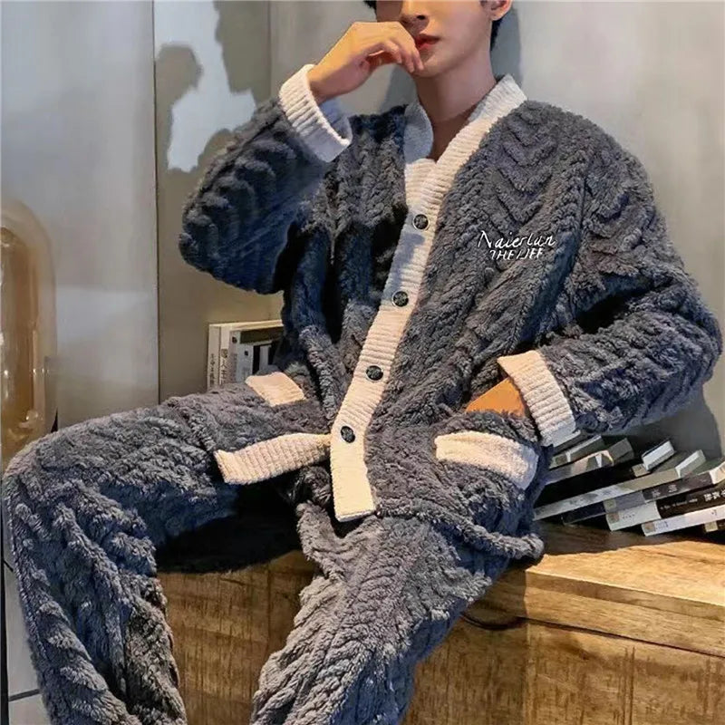 2024 New Men Winter Warm Flannel Pajamas Set