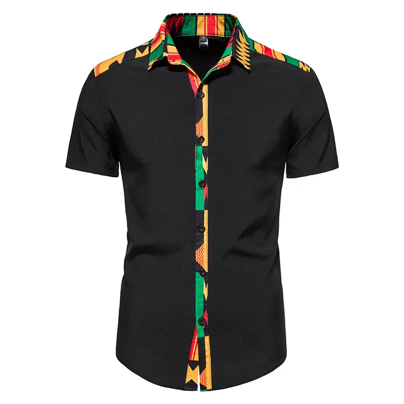 African Kente Print Shirt Short Sleeves Summer Men's