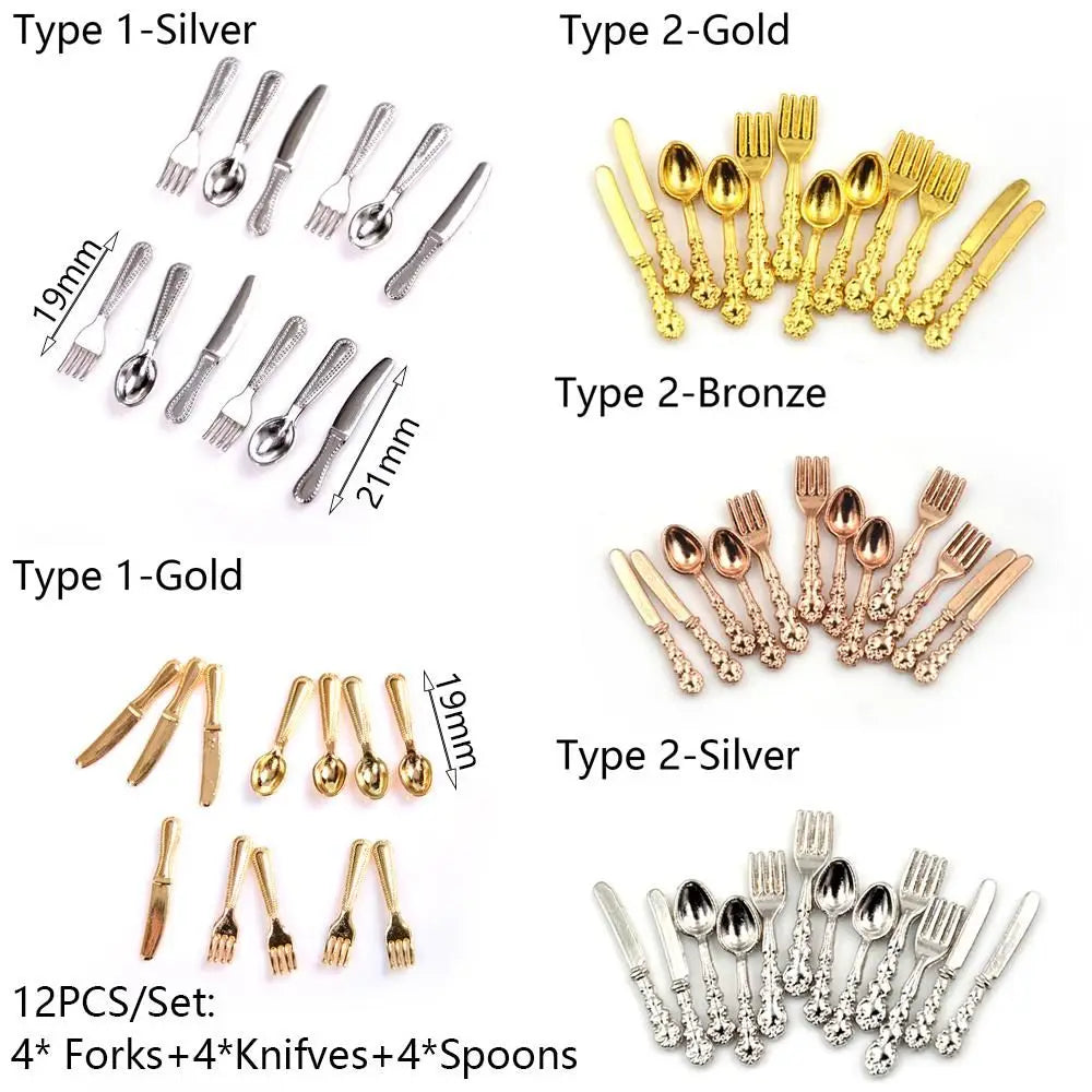 12PCS Dollhouse Furniture Gold Silver 1:12 Scale Simulation