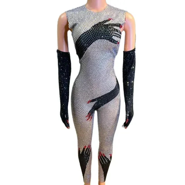 Black Hands Touch Shinny Body Sexy Women Jumpsuit