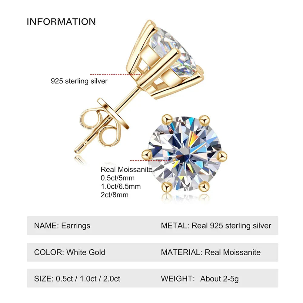 0.5-2ct Moissanite Diamond Stud Earrings 18K Yellow Gold