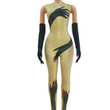 Black Hands Touch Shinny Body Sexy Women Jumpsuit