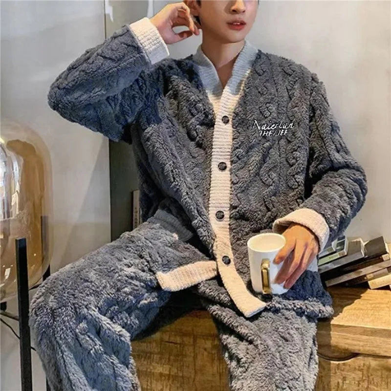 2024 New Men Winter Warm Flannel Pajamas Set