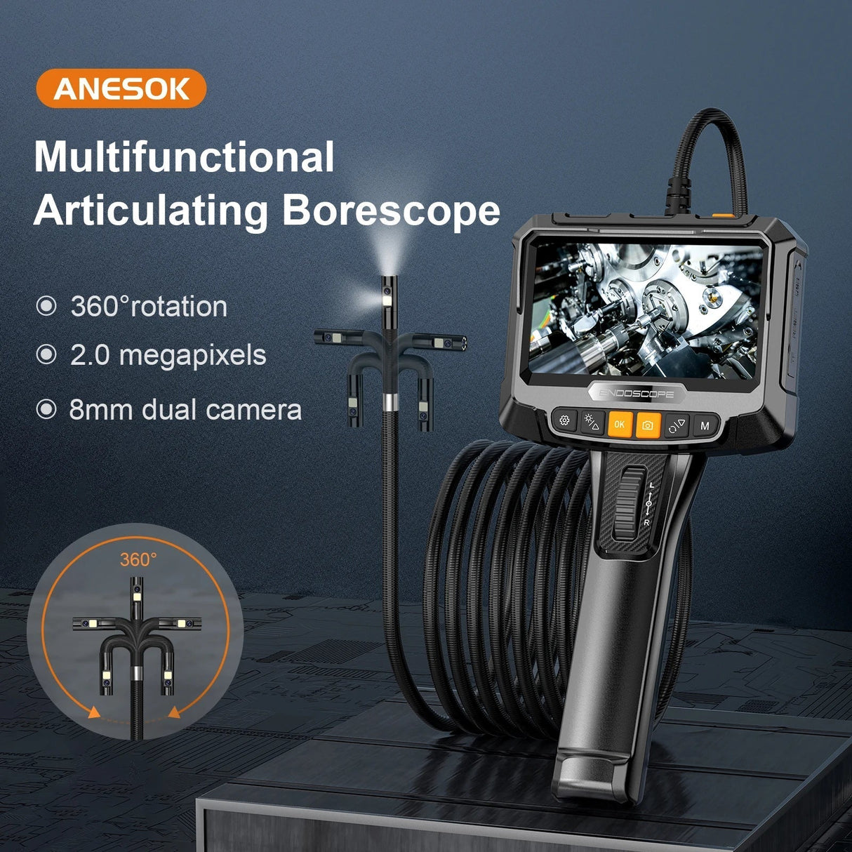 360° Industrial Endoscope Camera with 1080P IPS Screen