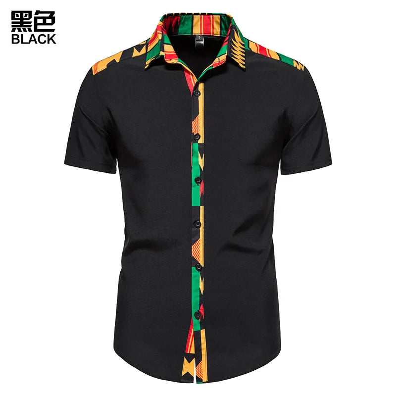 African Kente Print Shirt Short Sleeves Summer Men's