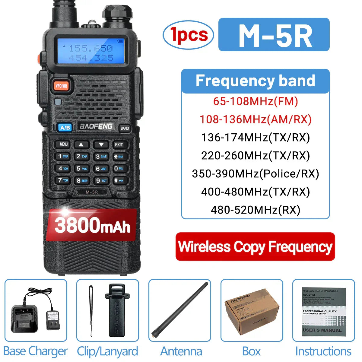 1/2PCS Baofeng M-5R Walkie Talkie Air Band 3800mAh